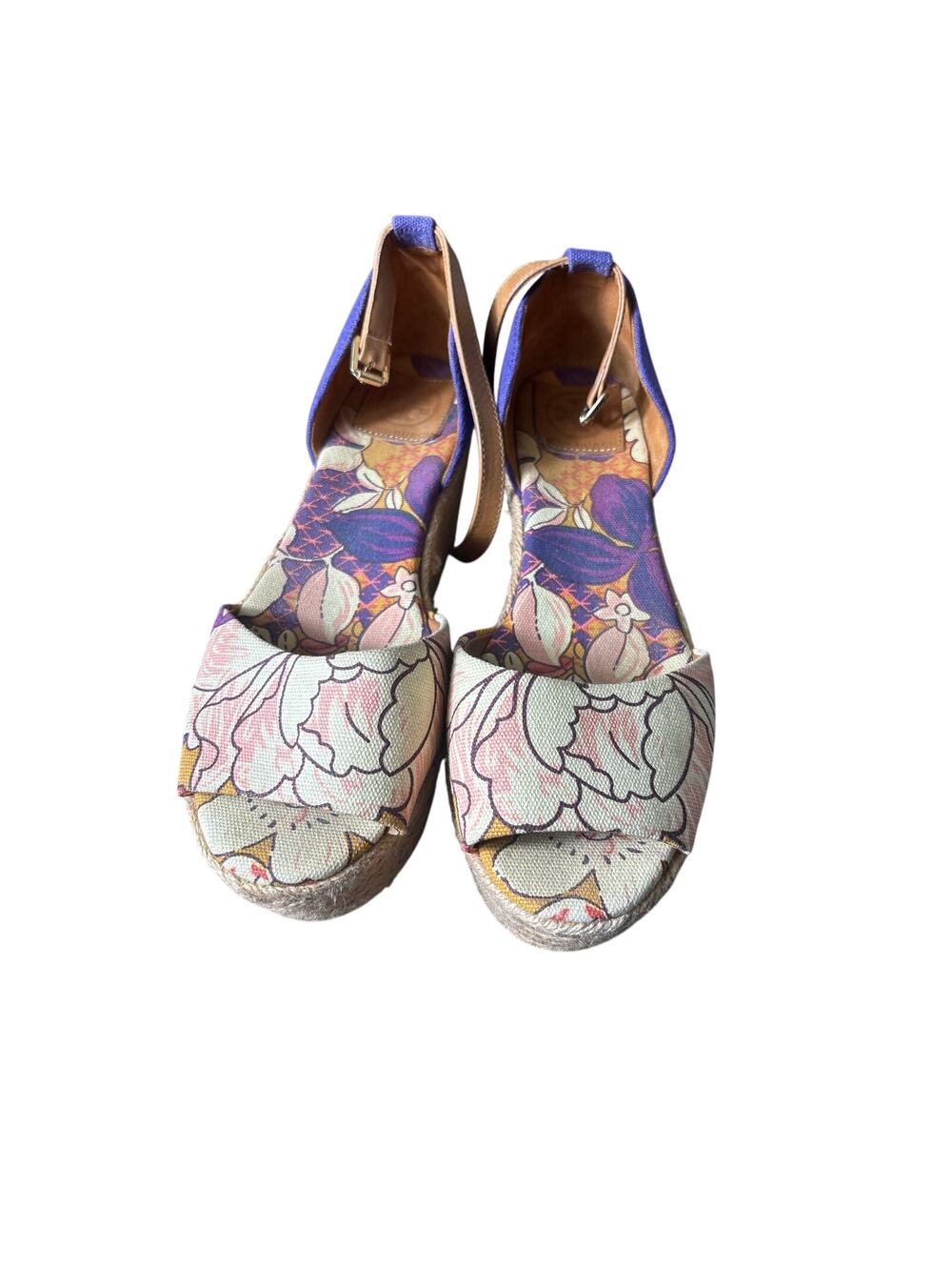 Tory Burch Rafia Woven Wedges with Floral Toe Sz 9